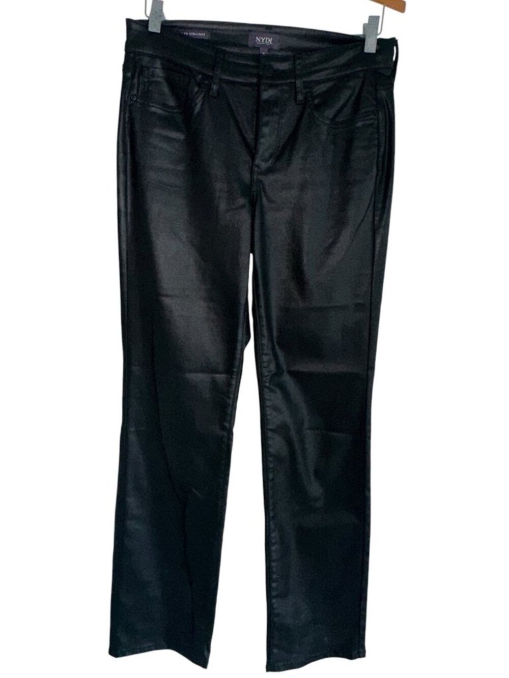 NYDJ Marilyn Straight Coated Jeans Faux Leather Black Women's Sz 6 Lift Tuck